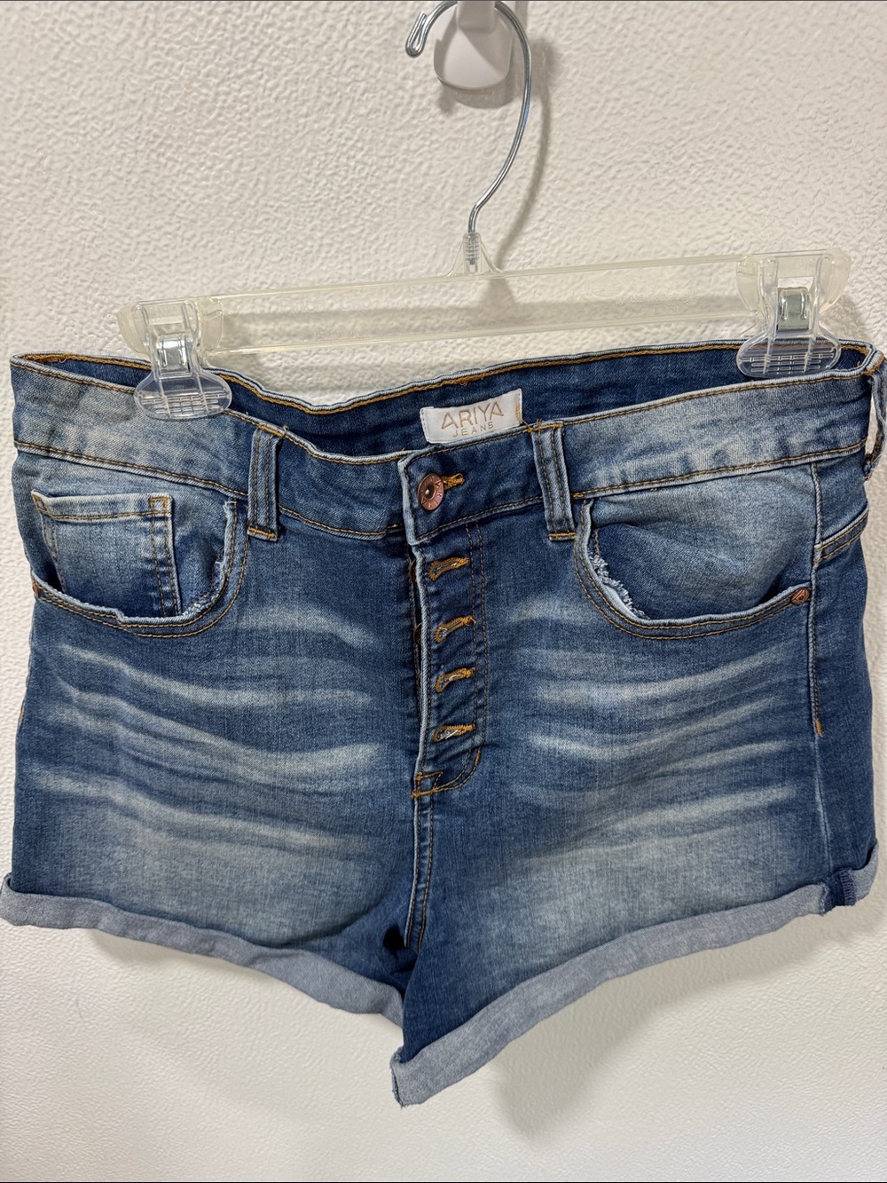 Ariya Distressed Blue Washed Button-Fly Denim Shorts